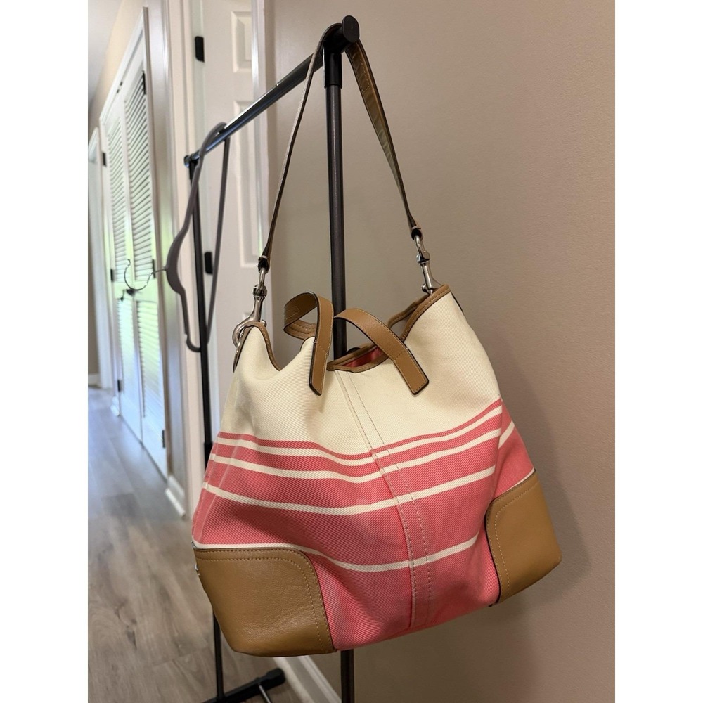 Coach Hadley Variegated Coral & Beige Striped Canvas Leather Tote Shoulder Bag